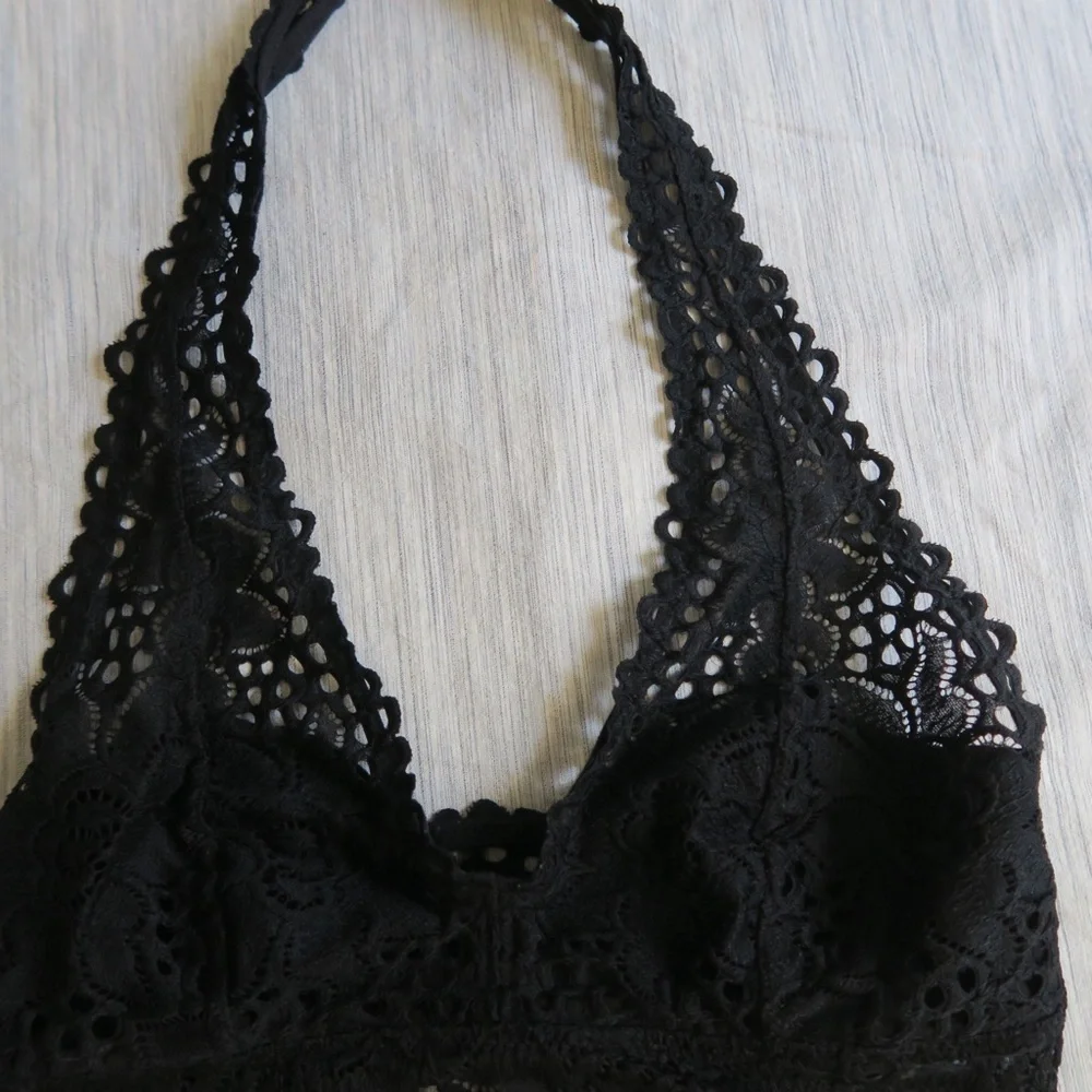 Aerie Black Floral Lace Bralette‎ Plunge Lightweight Pullover Comfy